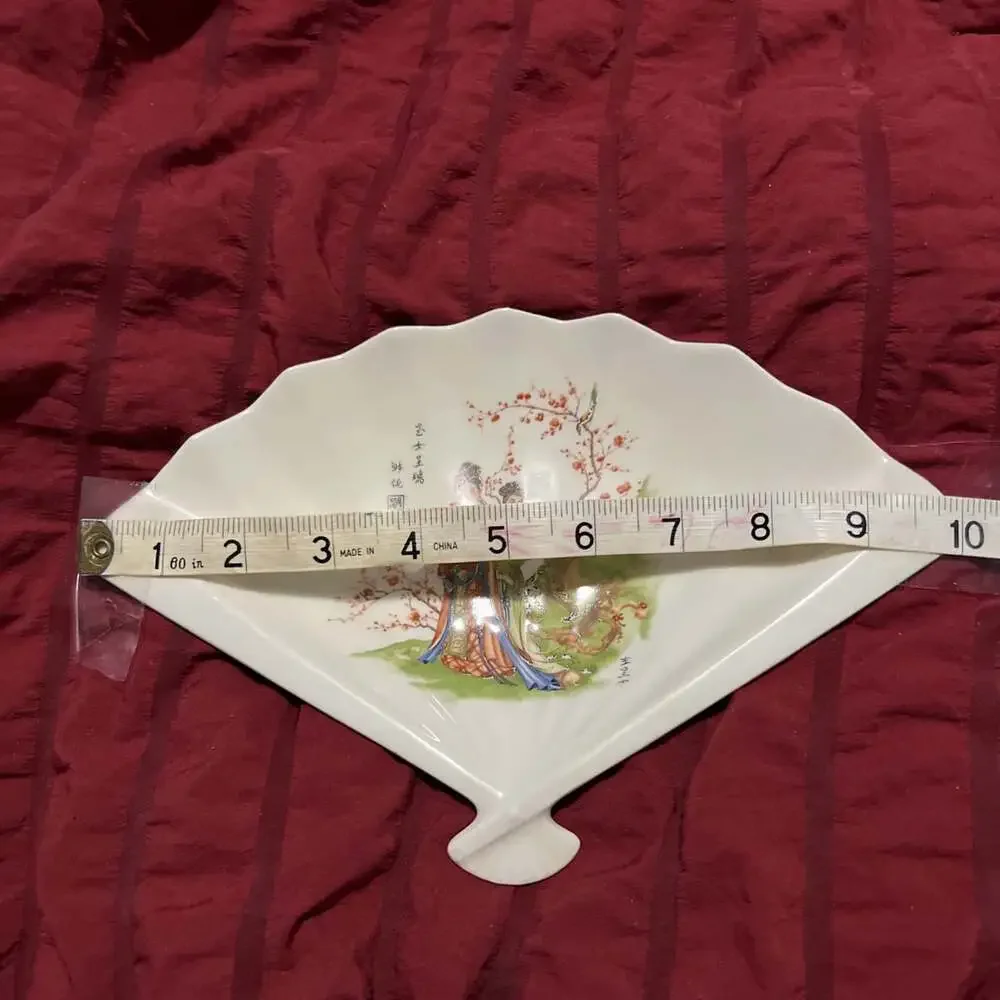 Chinese Fan Shaped Ceramic Trinket 10” “Jade Maidens Auspicious Blessings”